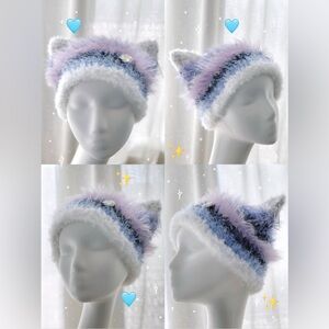 Handmade Fluffy White and Purple Crochet Cat Ear Hat